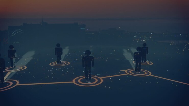 Animation of network of connections with statistics over cityscape