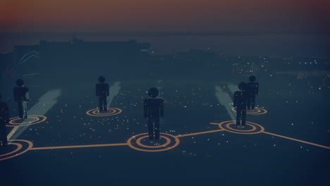animation of network of connections with statistics over cityscape