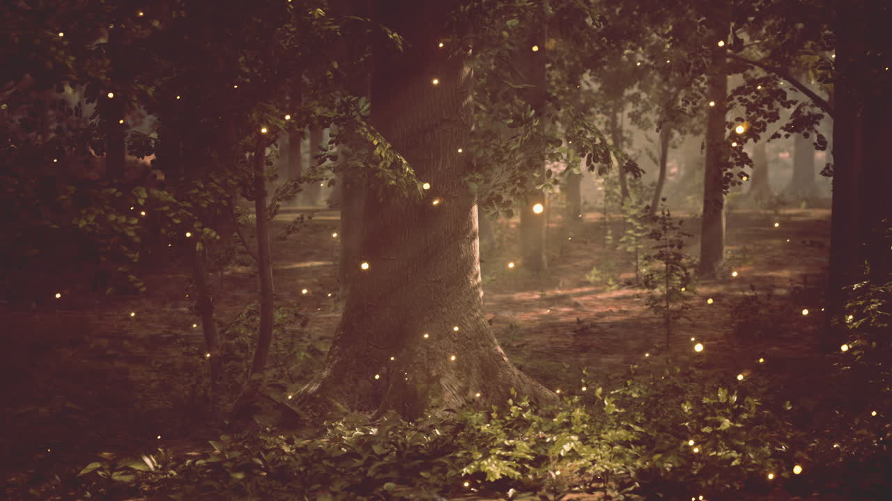 A forest filled with lots of trees covered in fireflies