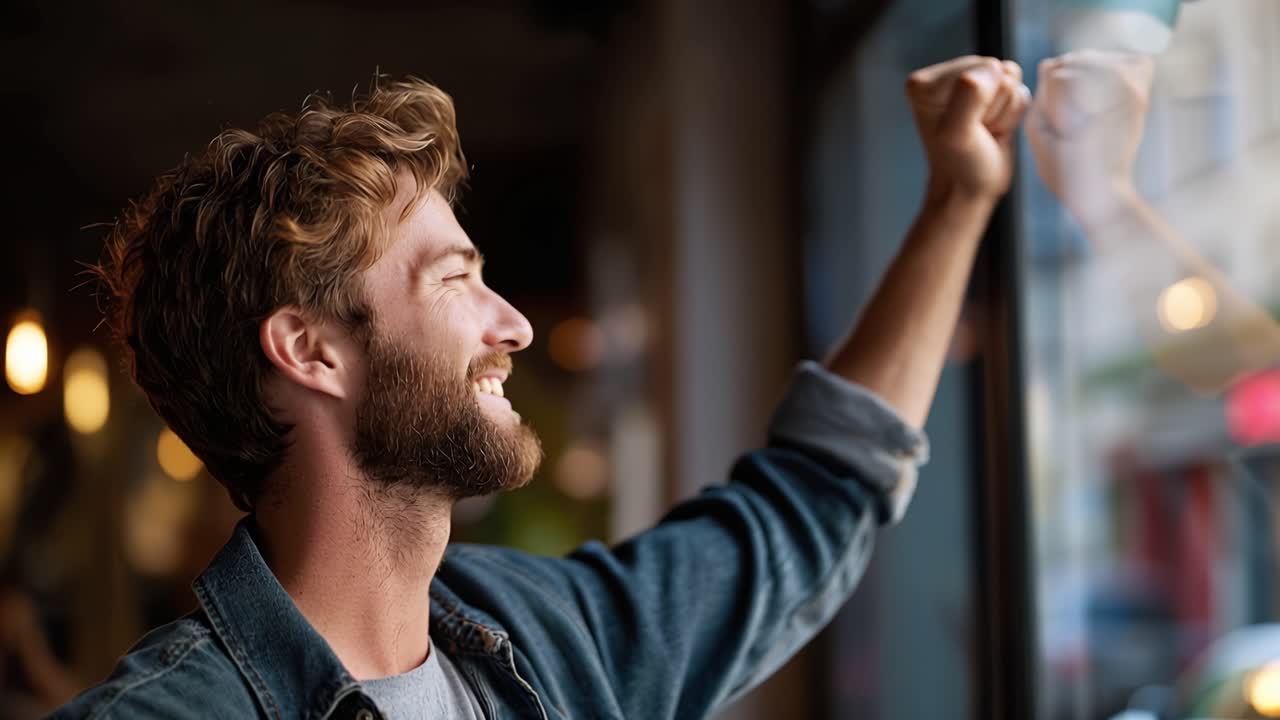 Un giovane uomo guarda pensieroso attraverso la vetrina di un negozio. Alza leggermente la mano, mostrando una tranquilla speranza o aspirazione. Le luci calde interne sfumano dolcemente dietro di lui. La scena della strada urbana risplende debolmente all'esterno