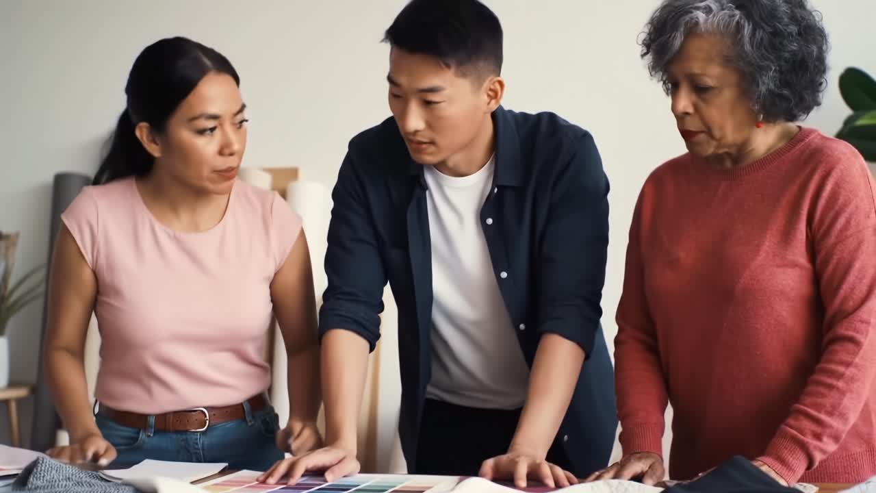 Collaborative Color Selection: Three Designers Examining Fabric Swatches to Finalize a Vibrant Palette for Their Upcoming Project in a Charming Studio Environment
