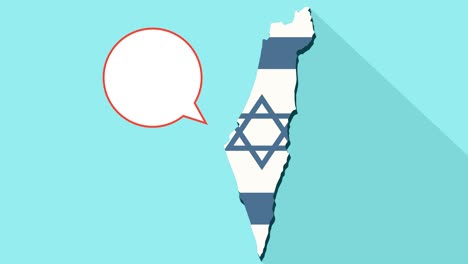 animation of a long shadow israel map with its flag and a comic balloon