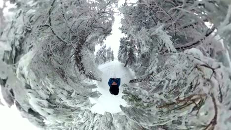 man walking through beautiful winter forest, vr360, 360vr, 360 video, 360 degree, vr, little planet effect