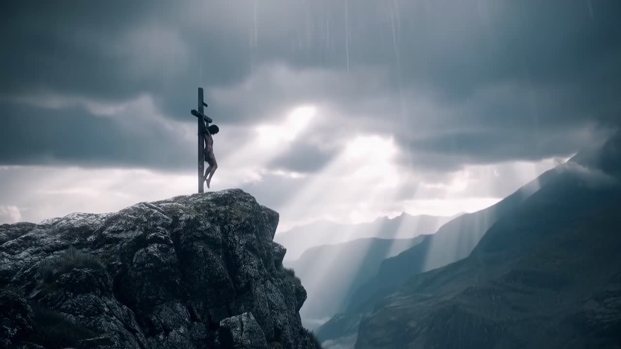 Scena video drammatica di un crocifisso su una cima di montagna, ripresa dal basso