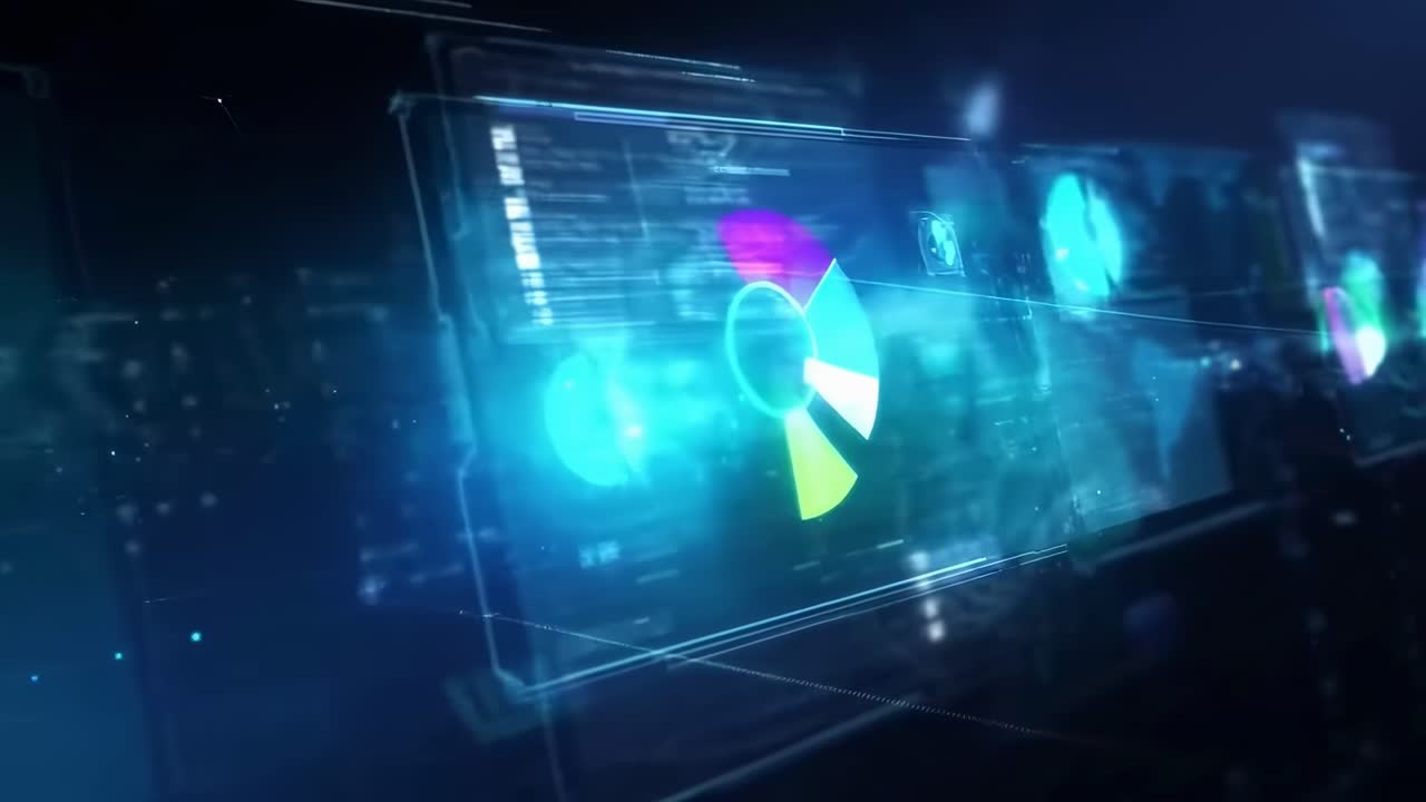 Futuristic video with angled view of digital graphs and charts in a virtual interface