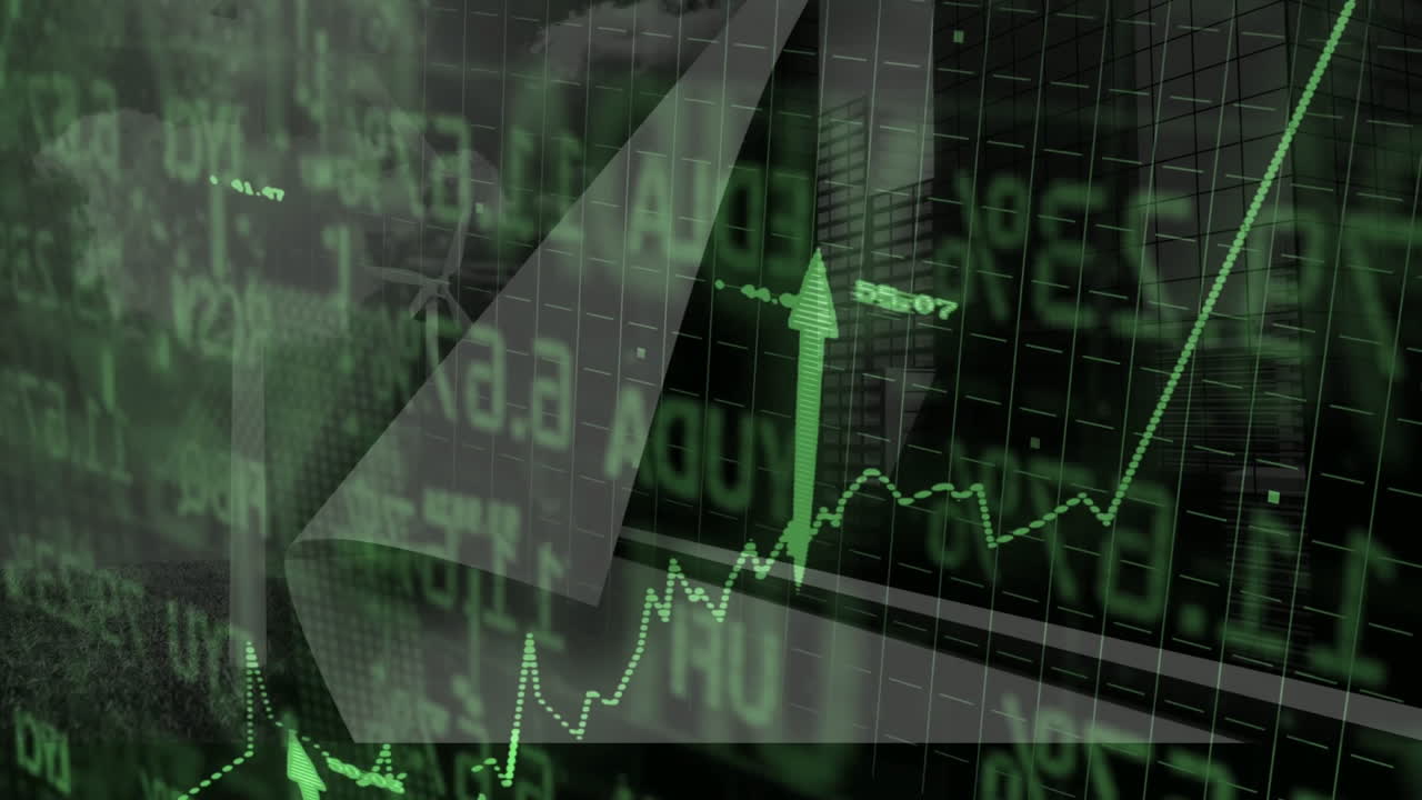 Green financial graphs and data processing animation over cityscape background