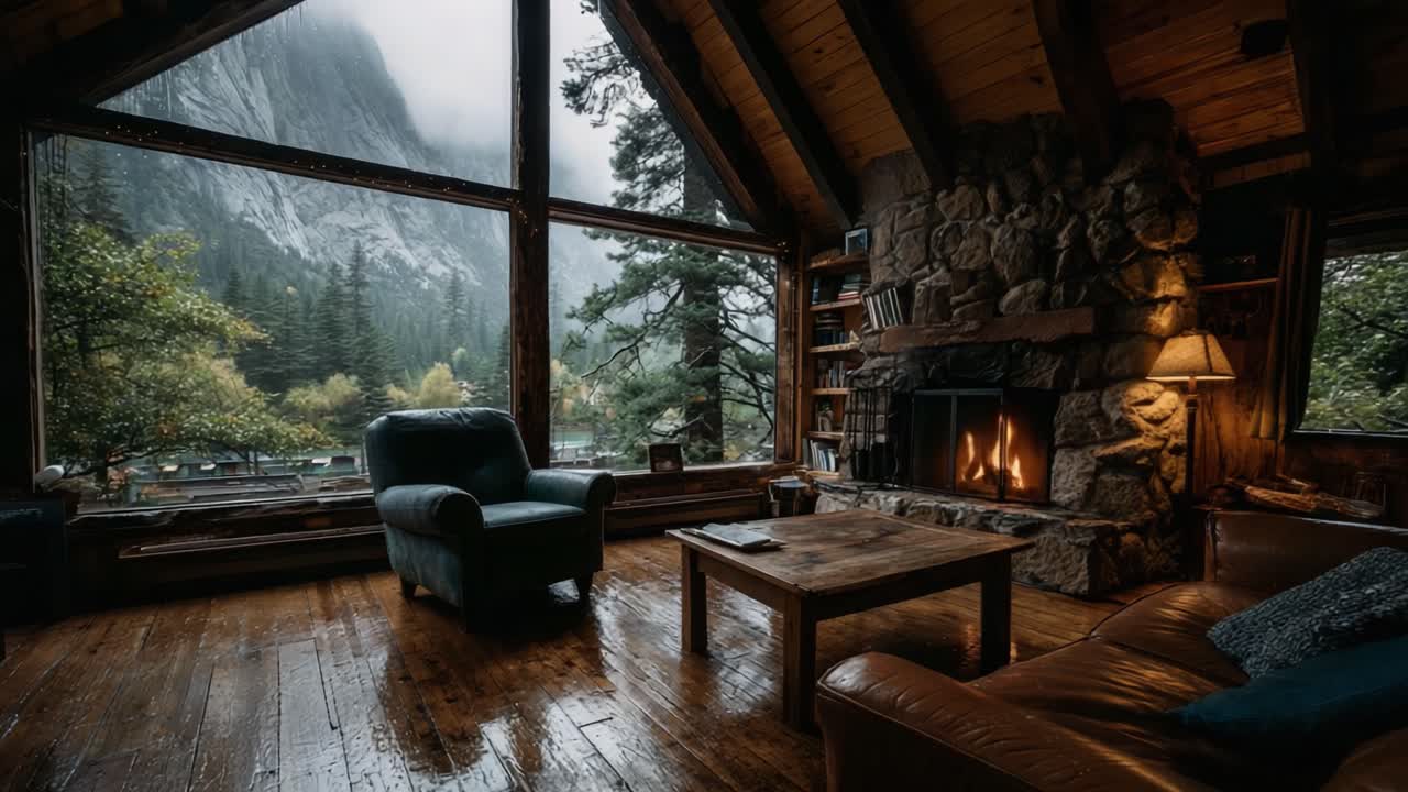 A Cozy Cabin Retreat Surrounded by Nature, Featuring Elegant Architecture and a Warm Fire, Perfect for Relaxing on a Rainy Day Amidst Scenic Mountain Views