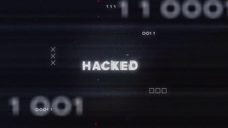 animación de interferencia sobre texto hackeado, procesamiento de datos y placa de circuitos informáticos