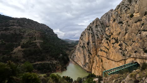 4k wide shot of the end of the hike at el caminito del rey in gorge chorro, malaga province, spain