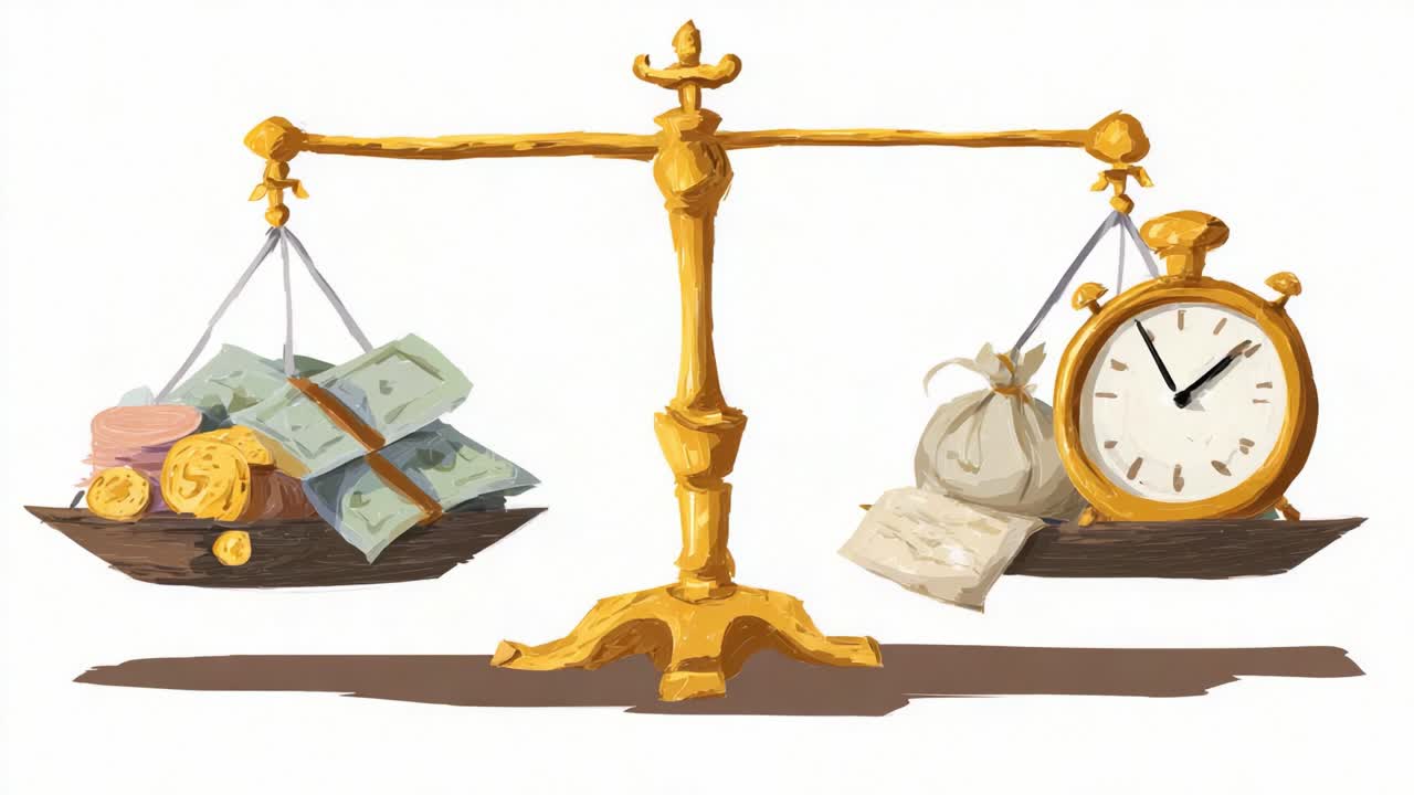 A Visual Representation of the Balance Between Wealth and Time, Showcasing How Monetary Value and Temporal Factors Can Harmoniously Coexist on a Traditional Scale