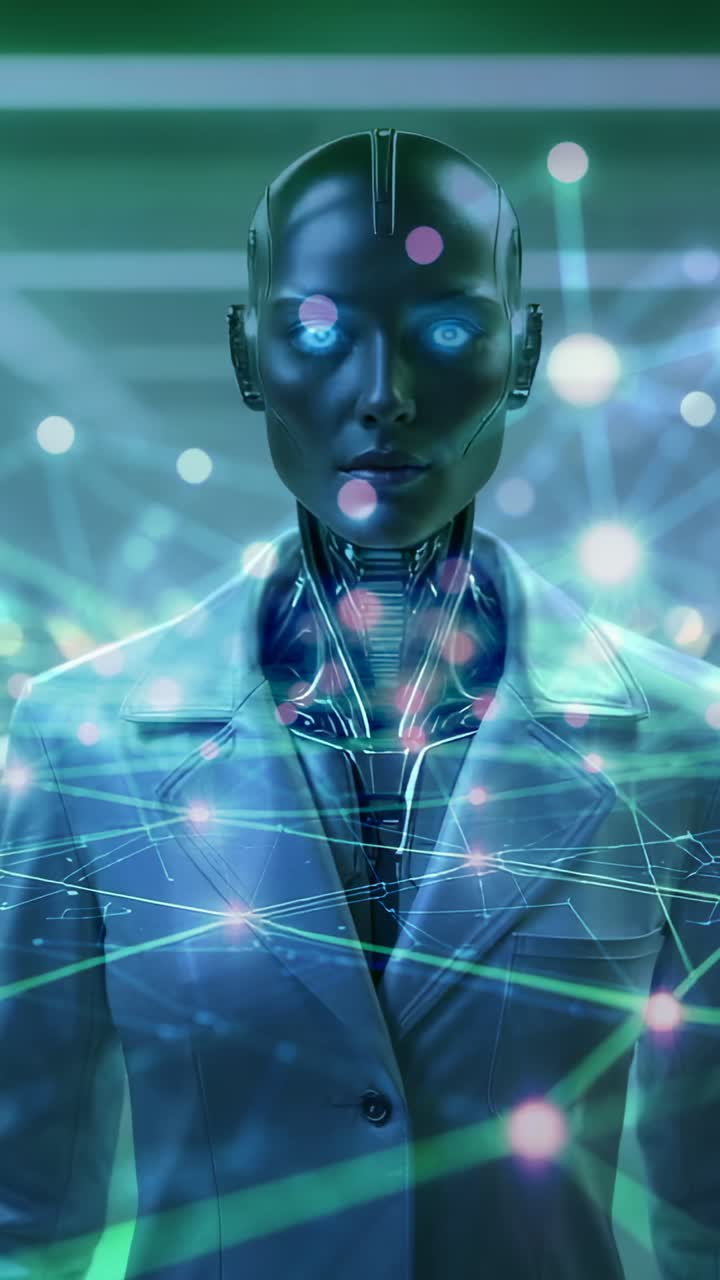Vertical video: Data matrix activating android pivoting head and moving in data hall, with blazer