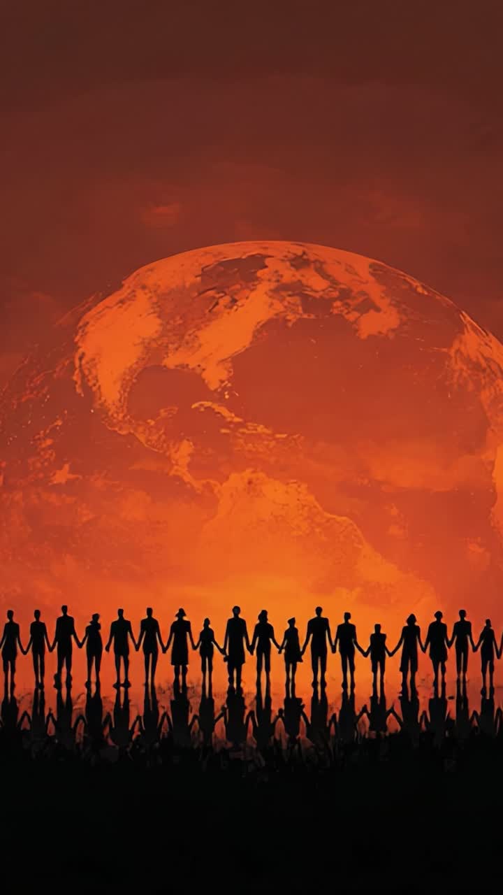A Powerful Symbol of Unity and Hope: Silhouetted Figures Standing Together Against the Vibrant Backdrop of an Imaginary Planet at Sunset