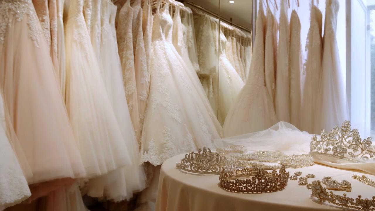 Interno elegante di una boutique da sposa che mostra abiti da sposa appesi color avorio e cipria, accanto a tiare ornate, corone, gioielli, riflessi a specchio e luce calda su raffinate trame di tessuto.