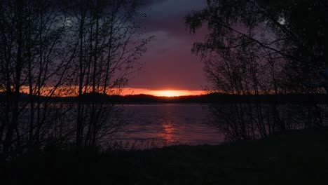 Serene-summer-sunset-setting-behind-the-forest-across-the-lake