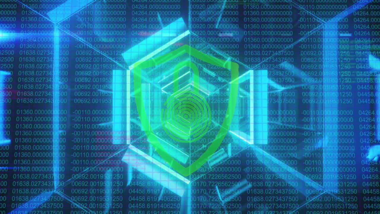 Animation of security padlock icon over blue tunnel in seamless pattern against binary coding
