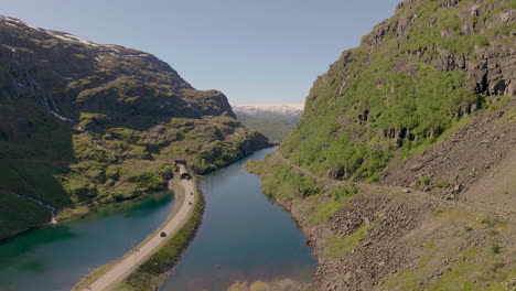 aerial view of old and new roads along roldalsfjellet valley near roldal, hordaland, norway