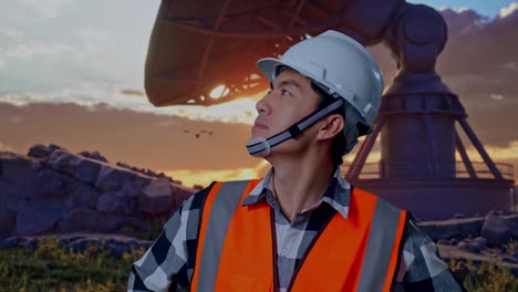close up of asian male engineer wearing safety helmet looking around while standing with arms akimbo with large satellite dish