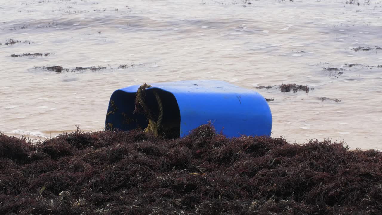 빈 해변에 있는 플라스틱 쓰레기와 쓰레기, 하얀 모래 위의 해초, 파란 통, 발트 해, 흐린 날, 휴대용 중간 클로즈업 샷