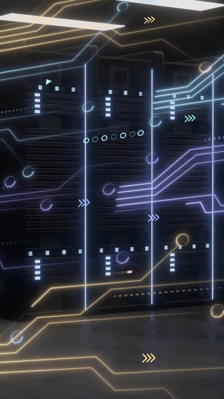 Animation of glowing circuit lines overlaying data patterns in server room