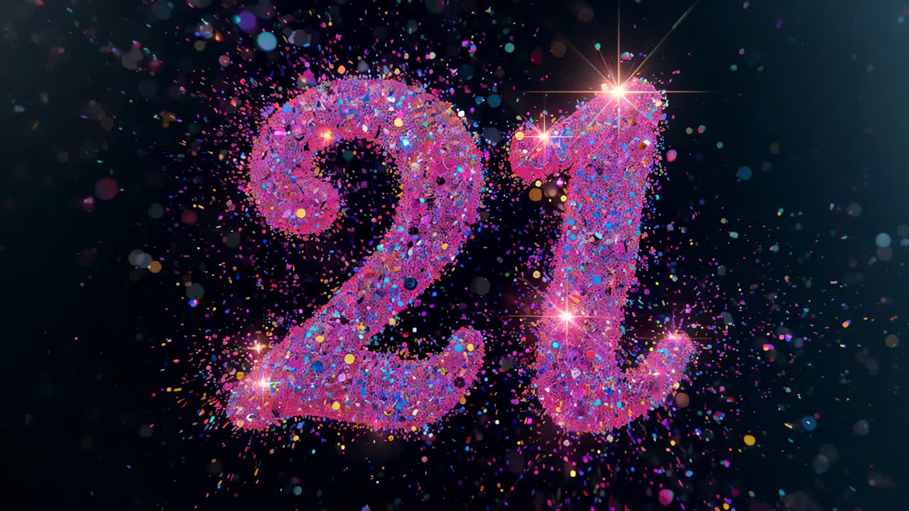 Sequence starting, glittery 21 revealing, zooming and panning right in studio, magenta cyan flares