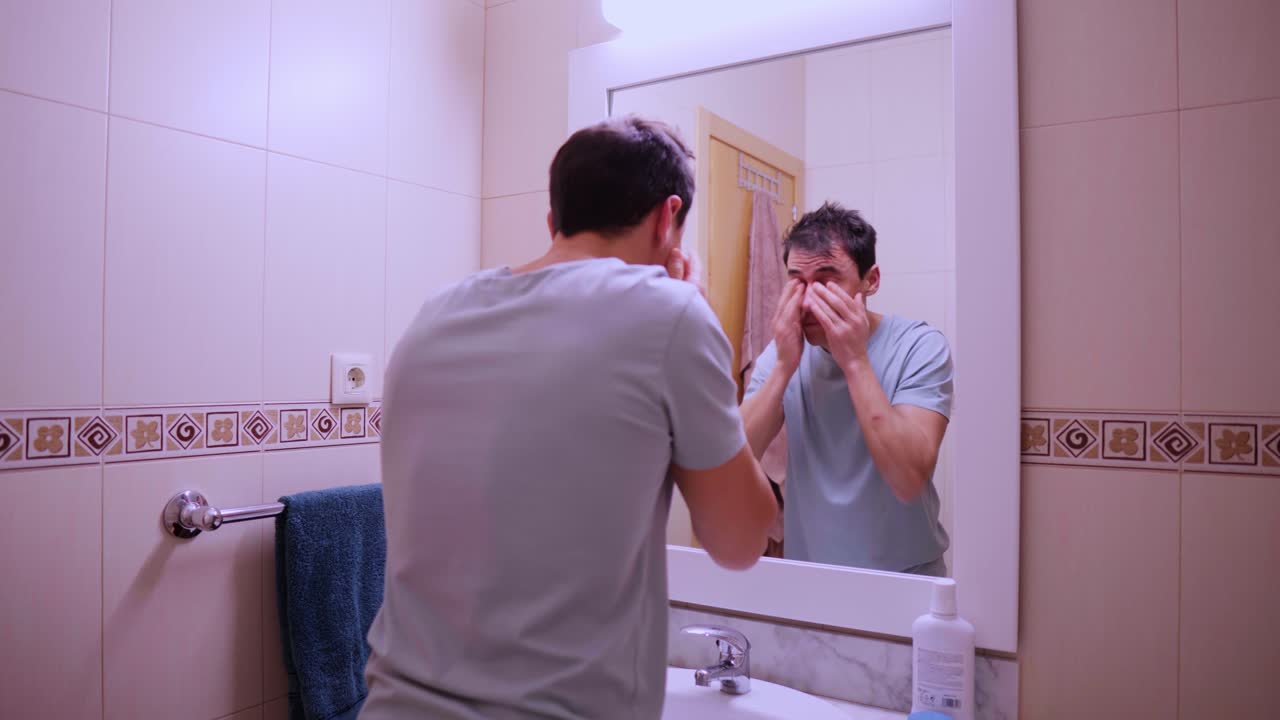 Man washing and drying face in bathroom mirror
