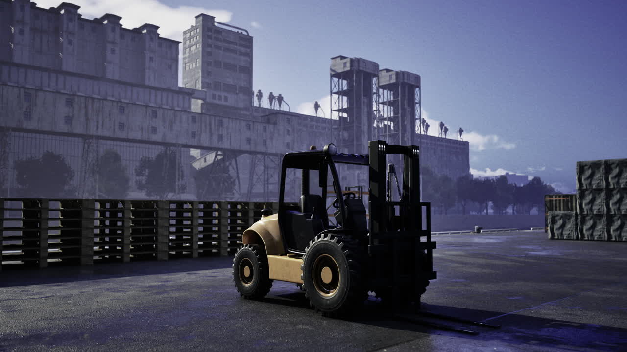 Forklift at work in urban loading dock during early morning hours