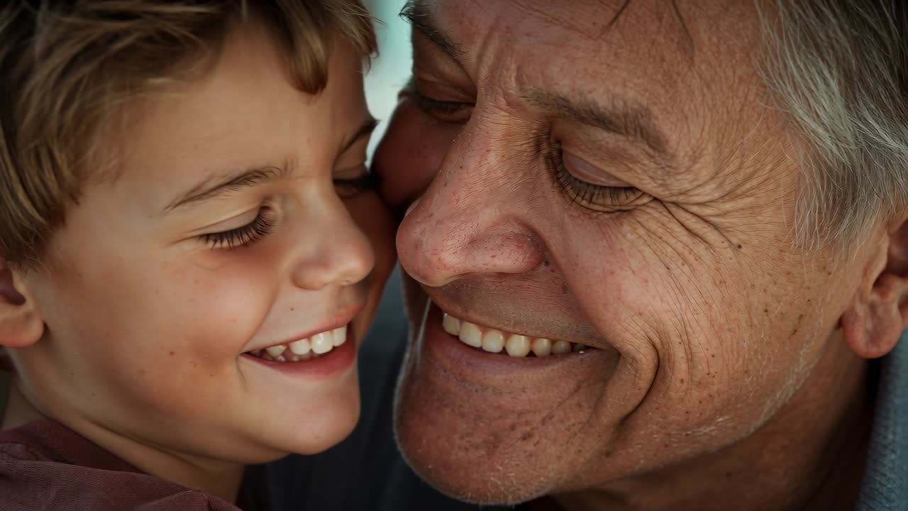 Nipote sorridente che si appoggia al nonno a casa, l'uomo che lo tiene in braccio, con una mano sulla spalla per conforto