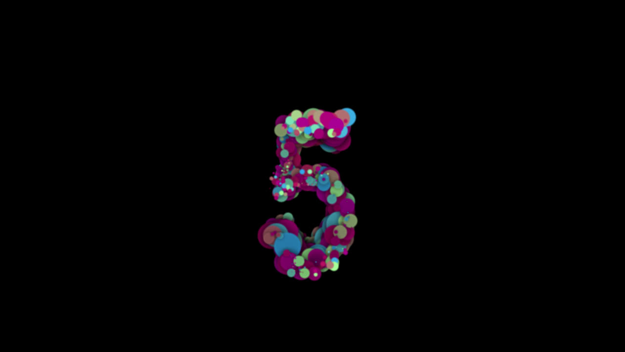 Colorful particle bubbles forming number five on transparent background
