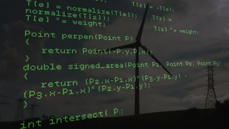 Animation of data processing over wind turbine and sky with clouds