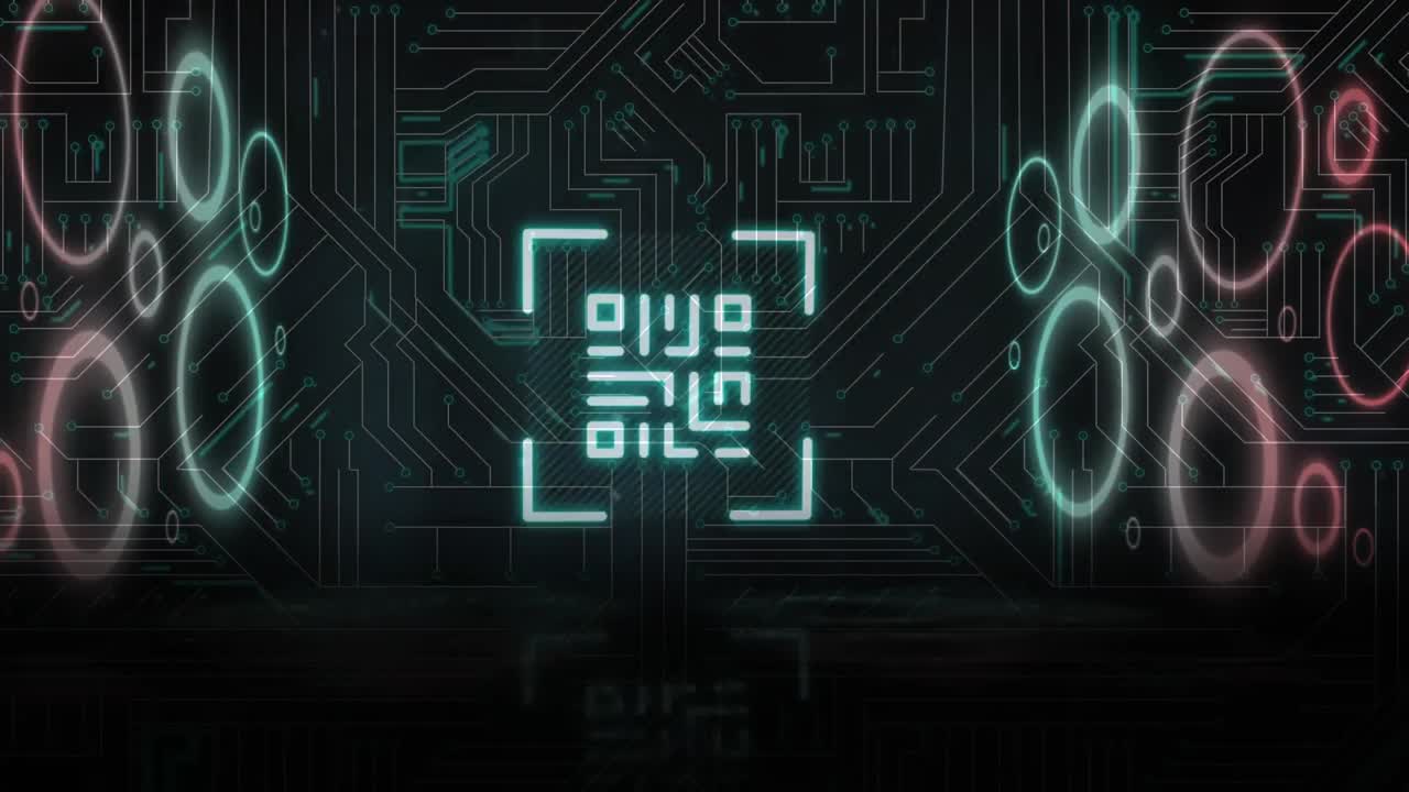 сканер qr-кода с неоновыми элементами против микропроцессорных соединений