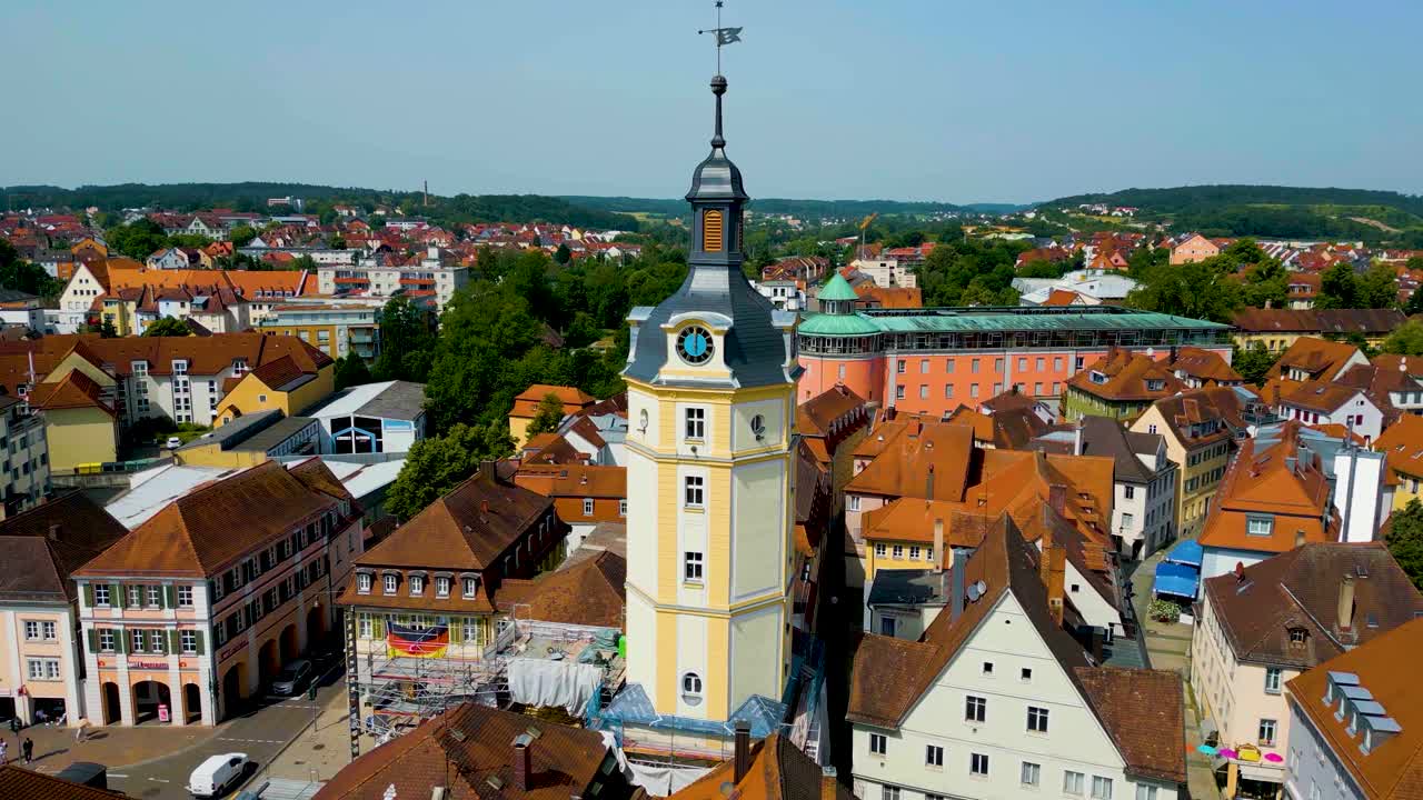 Aerial View of a Charming German Town with a Tall Clock Tower