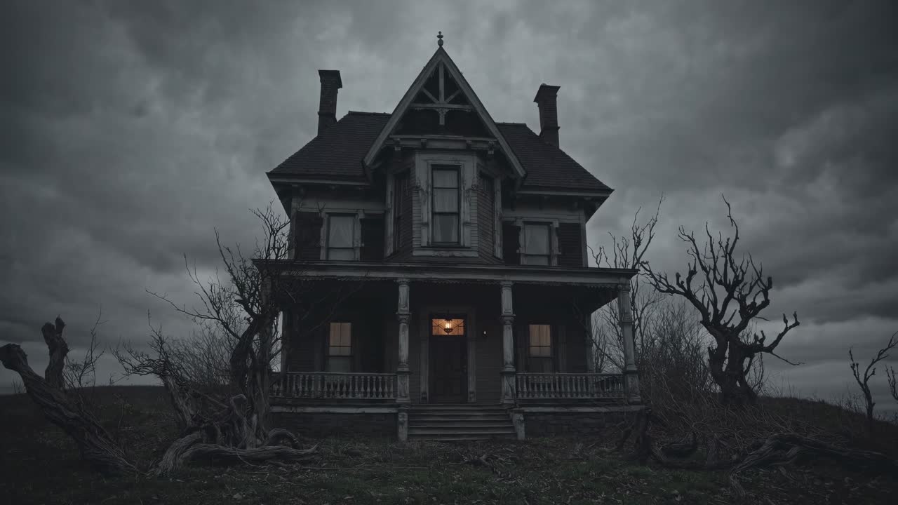 Eerie, gothic-style house under stormy skies, captured from a low-angle shot, creating a haunting