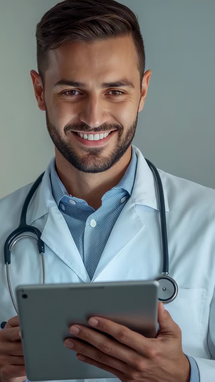 Vídeo vertical: médico o médica mirando y usando una tablet, sonriendo en la clínica, con bata de laboratorio, camisa azul y estetoscopio