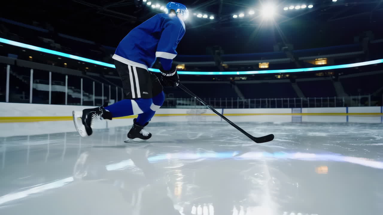 Hockey Player Skating on an Ice Rink in an Empty Arena