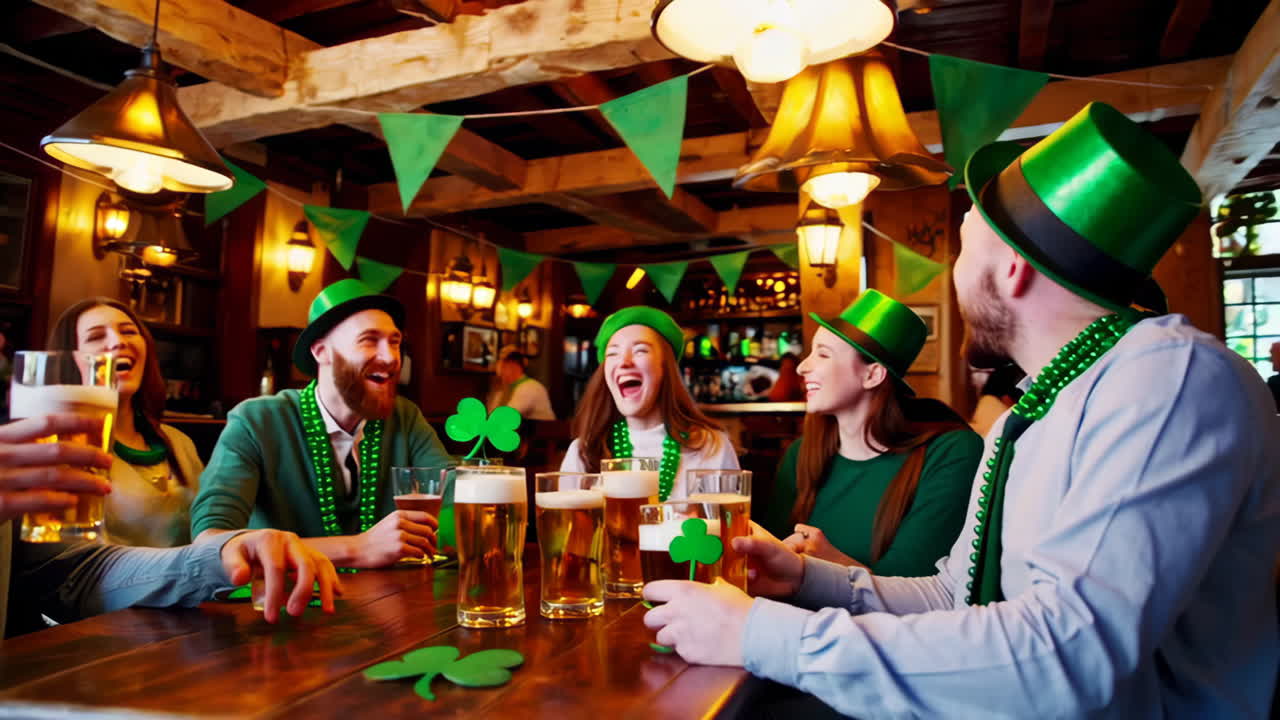 Friends celebrating St. Patrick's Day with a beer toast in a pub