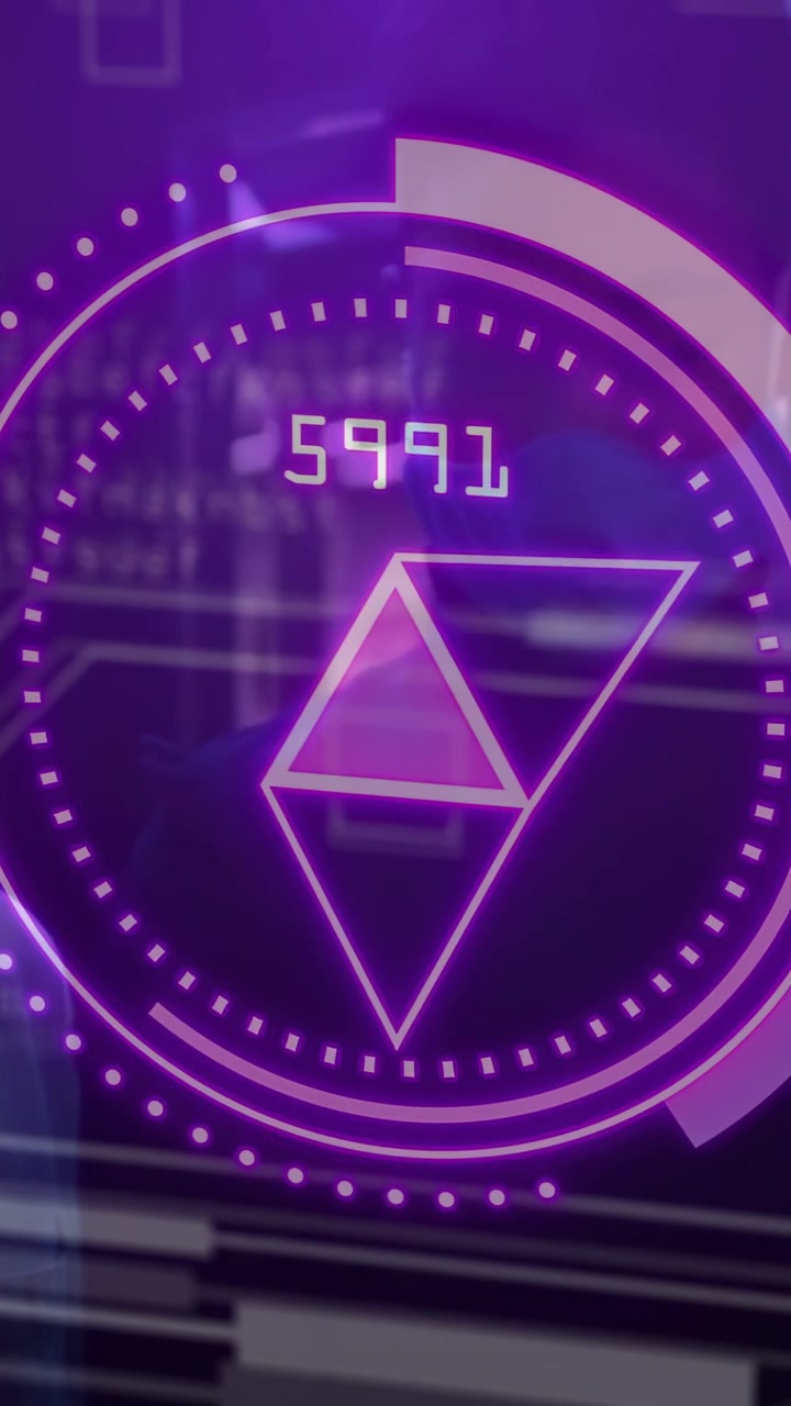Vertical video: Man filming purple UI demo, system cycling numbers, triangle rotating, ring moving