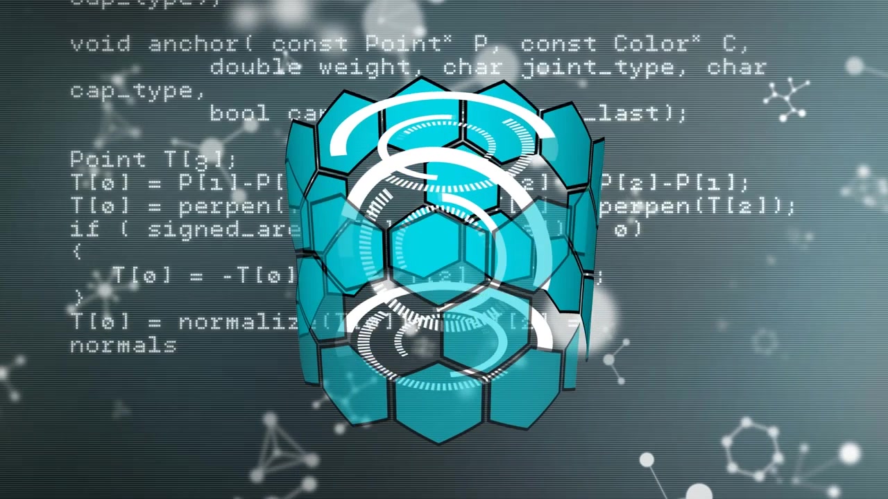 Animation of red kaleidoscopic shape moving over glowing pink stars rising on black