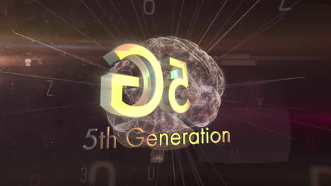 Animation of 5g 5th generation text over spinning human brain and letters in background