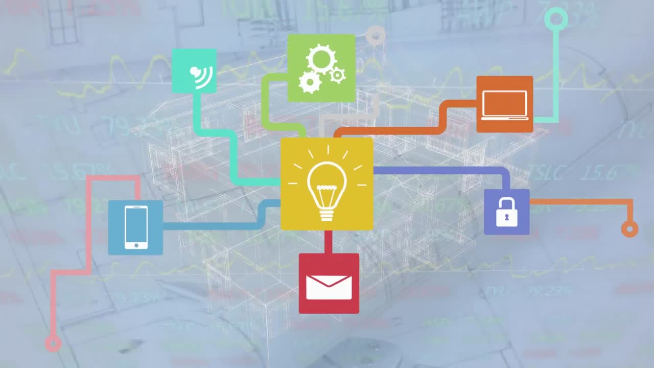 animación del procesamiento de datos y iconos de medios sobre el modelo de casa en movimiento.
