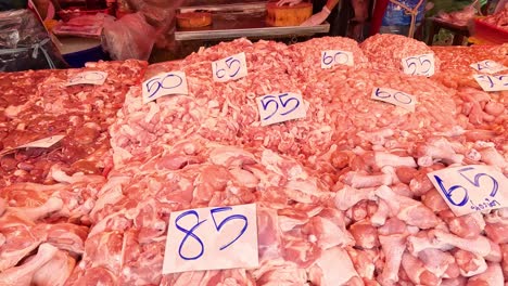 assorted fresh meats showcased at a butcher's stall