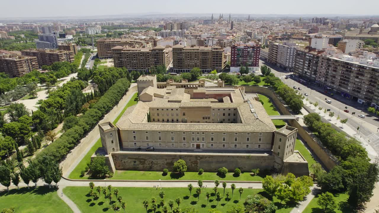 Aerial view of the Aljafería Palace in Zaragoza, Spain