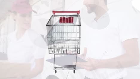 animación del carrito de compras girando sobre el repartidor sonriente