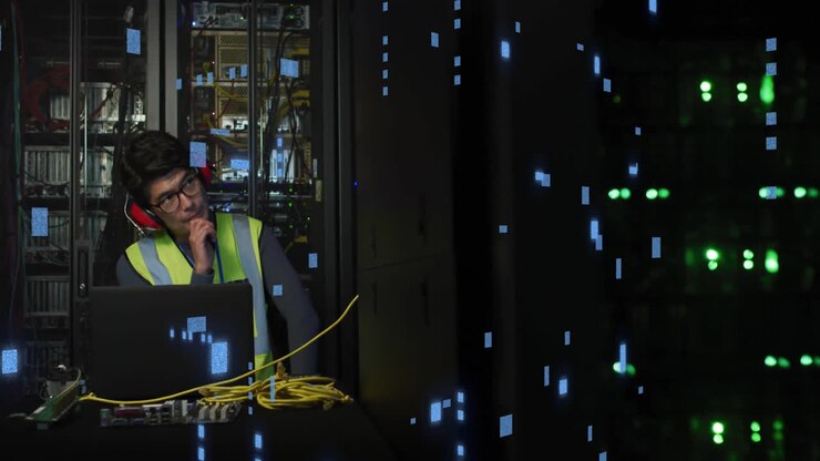 Animation af printplade og databehandling over asiatisk mandlig IT-ingeniør ved computerservere