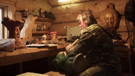 wood carving in a rustic workshop