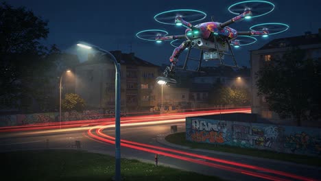 an illuminated drone hovers in a dimly lit urban environment, showcasing advanced technology as it captures nighttime activity while casting a vibrant glow over the scene