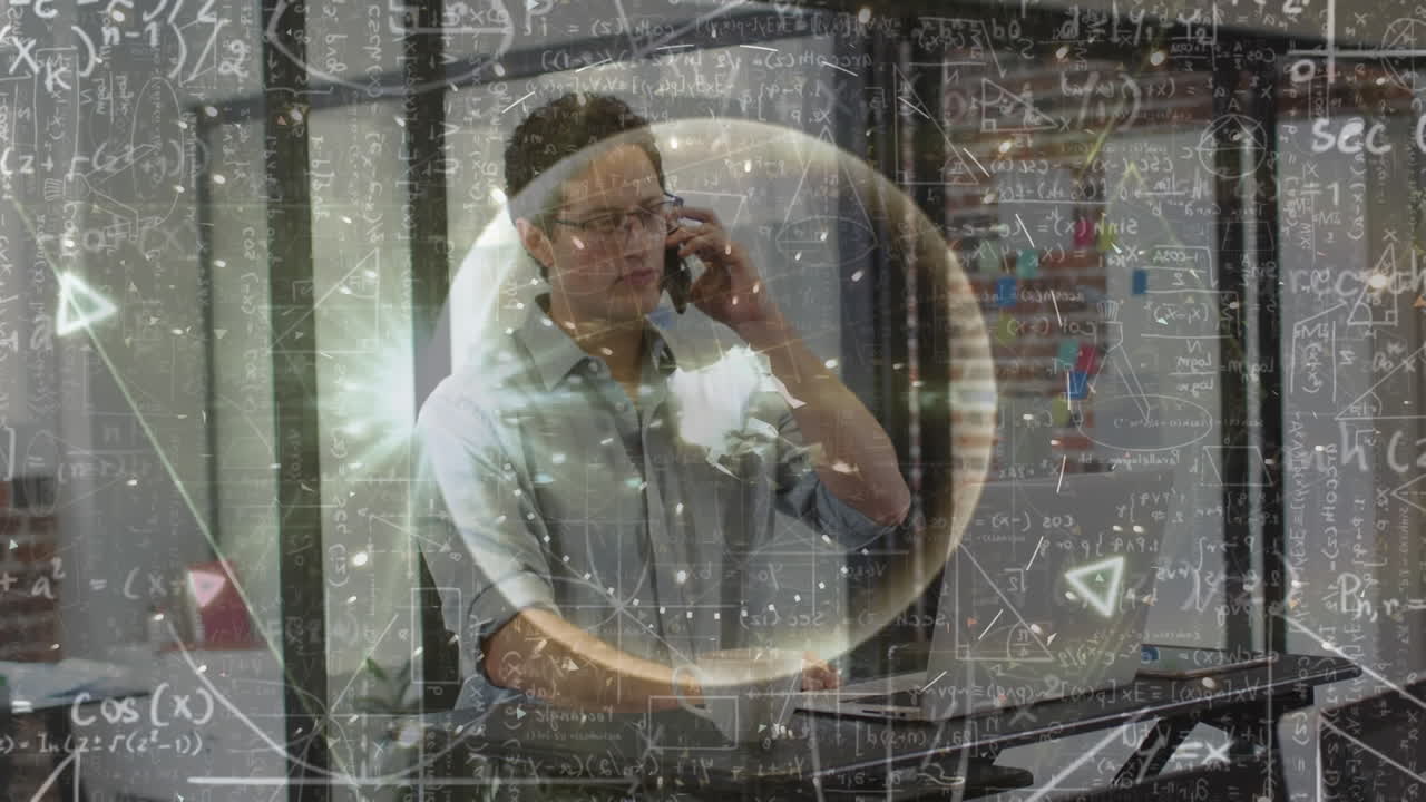 사무실에서 일하는 사업가에 대한 수학적 방정식의 애니메이션