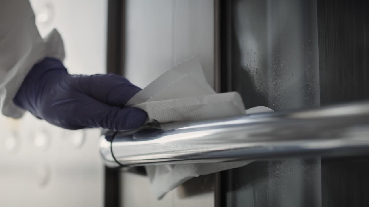 video de mano de las manos desinfectando una barandilla