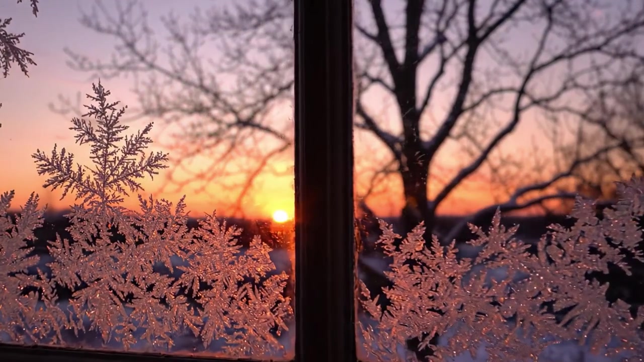 冬の夕焼けと凍てつく雪の結晶：一日の終わりに窓ガラス越しに捉える自然の静謐な美しさ