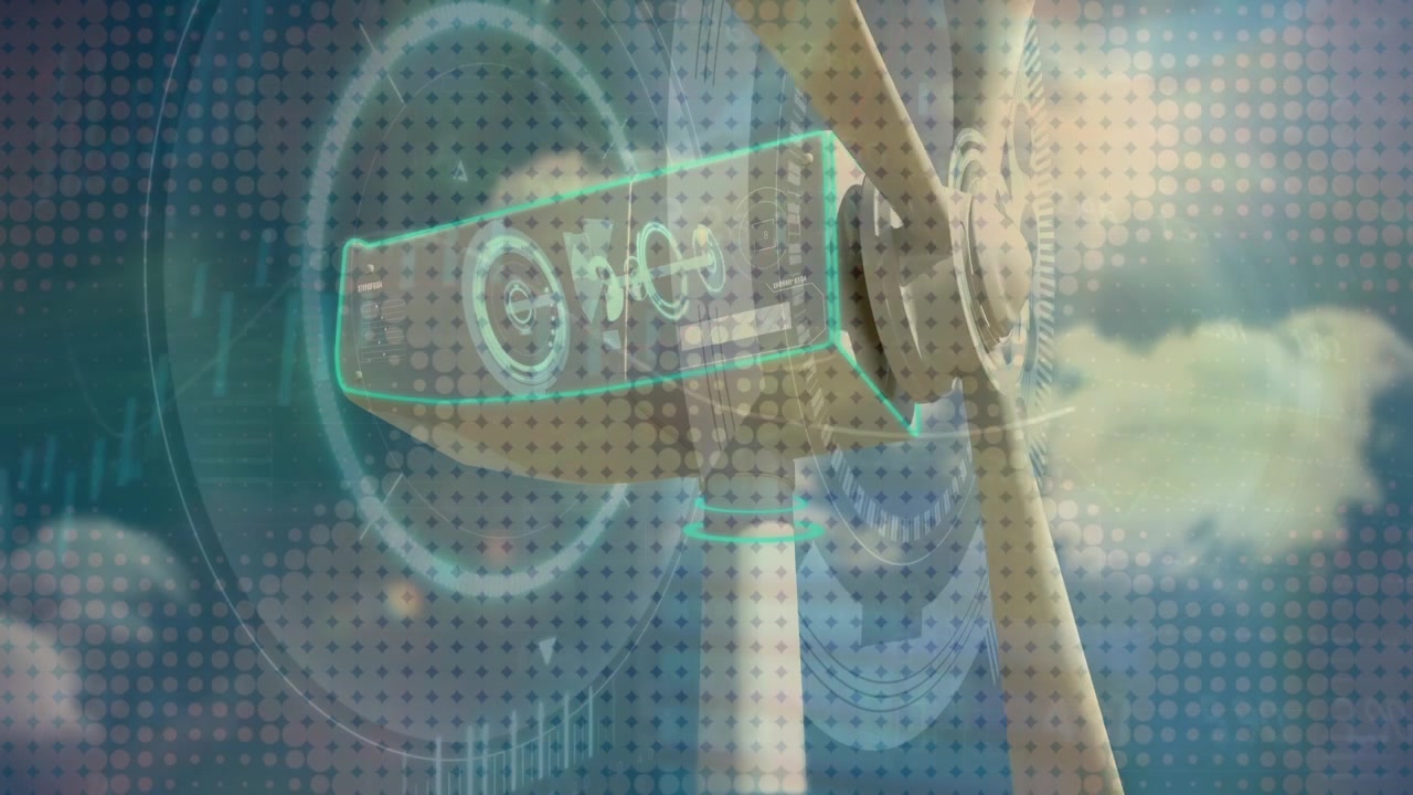 Animazione di grafici su una turbina eolica che si muove nel cielo con le nuvole.