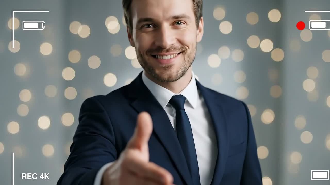 Confident businessman in formal suit extending hand for handshake gesture in modern office setting